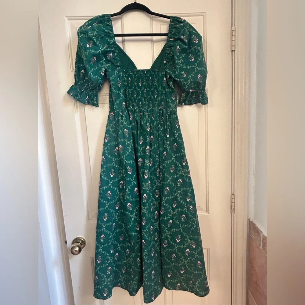 Hill House The Ophelia midi pocketed dress in Emerald Trellis print Small *FLAW - Picture 9 of 13